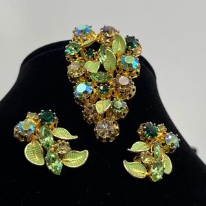Vintage Green/AB Floral and Enamel, Gold Tone Brooch, and Clip Earring Set